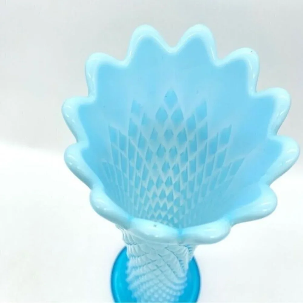 Northwood Blue Opalescent Swung Glass Diamond Point Vase